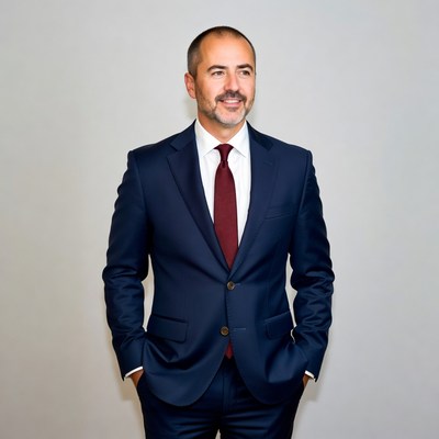 Man in navy suit stands confidently