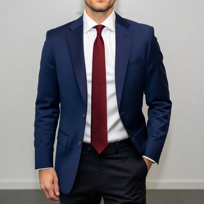 Man in navy suit with red tie