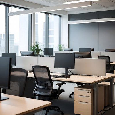 Empty office space with computers and chairs