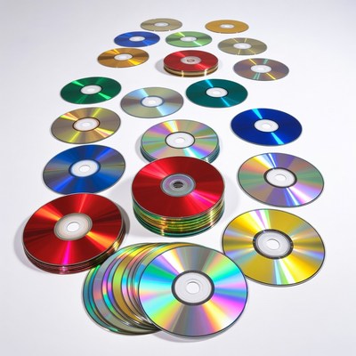 Collection of colorful compact discs on display