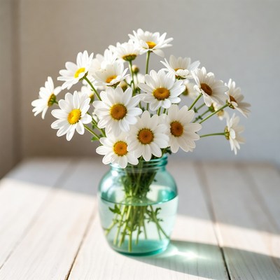 Flowers in a glass vase on table