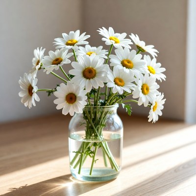 Daisies in a glass vase on a wooden table