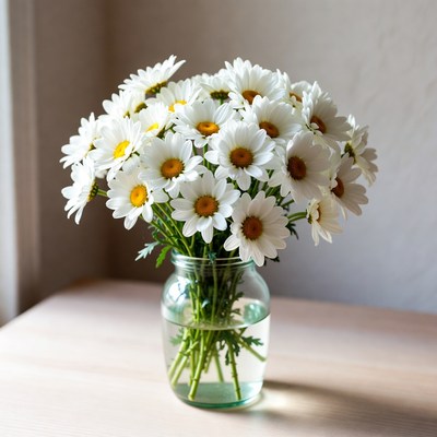 White daisies in glass vase on wooden table