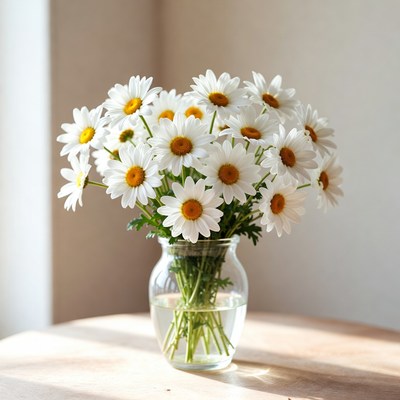 Daisies in a glass vase on a table