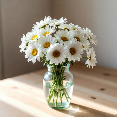 Daisies in a glass vase on a table