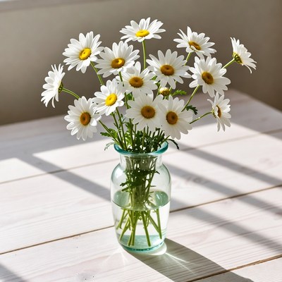 Daisies in glass vase on table