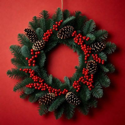 Decorative wreath with pinecones and berries