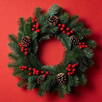 Green wreath with pinecones and berries