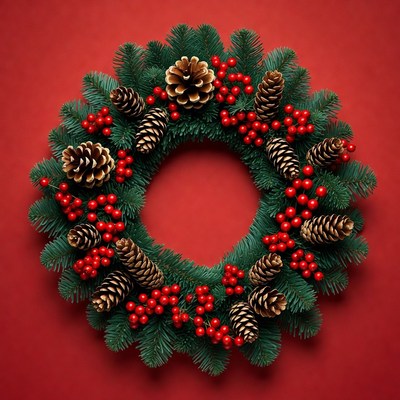 Festive wreath with pinecones and berries