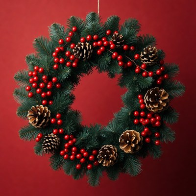 Christmas wreath on red background