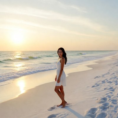 Woman stands by beach at sunset