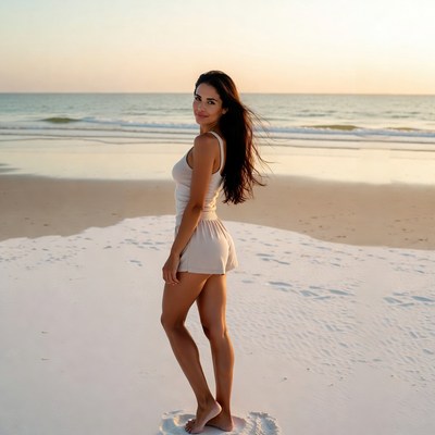 Woman walking on the beach at sunset