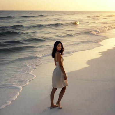 Woman walking on beach at sunset