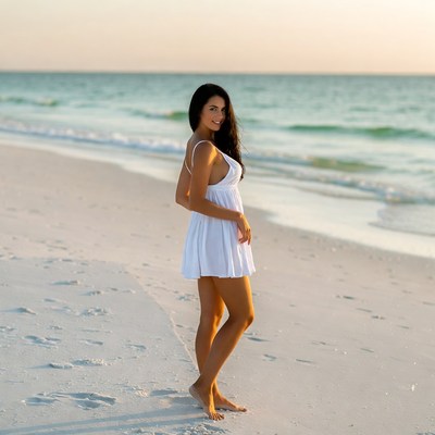 Girl walks on beach at sunset