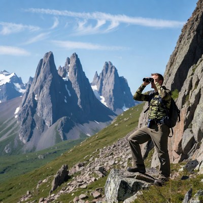 Man observing mountains with binoculars