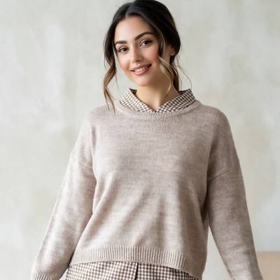 Smiling woman in cozy sweater indoors