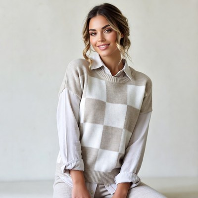 Woman in sweater poses indoors