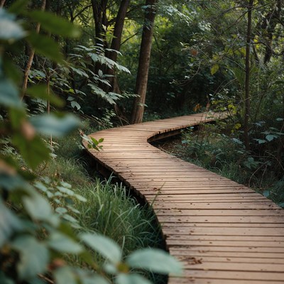 Wooden path through green forest