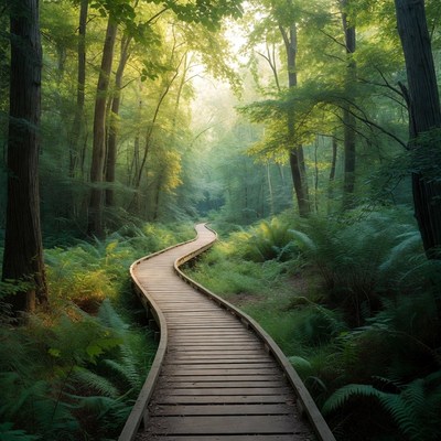 Winding path through lush green forest
