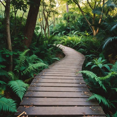 Wooden path through green forest