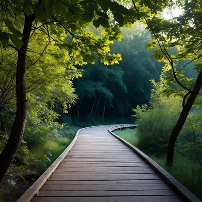Wooden walkway through green woods