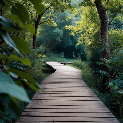 Winding wooden pathway through the green forest