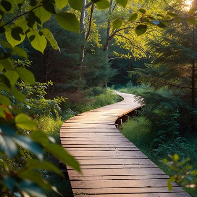 Wooden path through green forest
