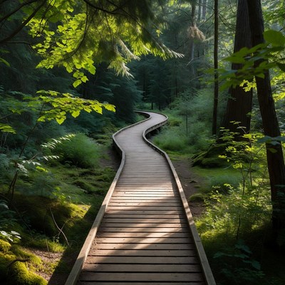 Wooden path through green forest
