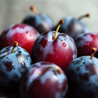 Plums with water droplets on surface