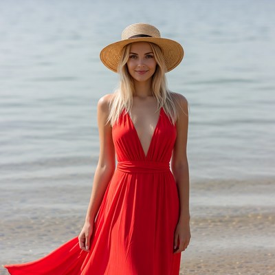Woman in red dress at beach