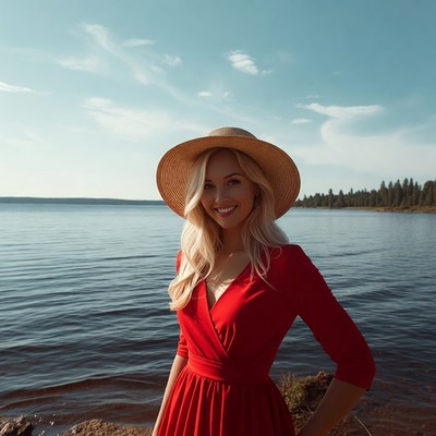 Woman by the lake in red dress
