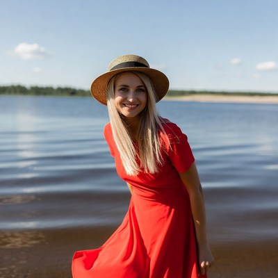 Young woman enjoys sunny beach day