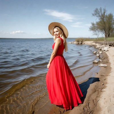 Woman in red dress by water