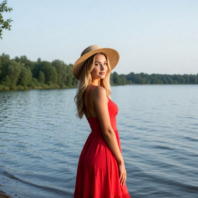 Woman by the lake in summer