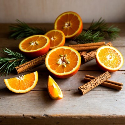 Oranges and cinnamon on wood