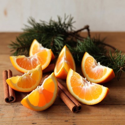 Oranges and cinnamon on wooden table