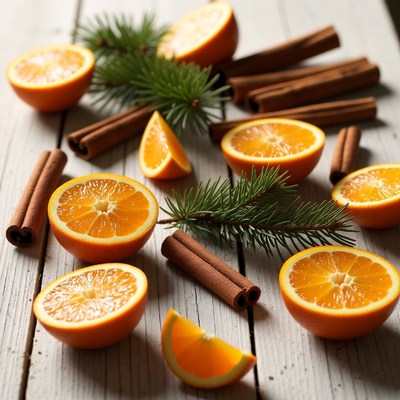 Oranges and cinnamon on wood table