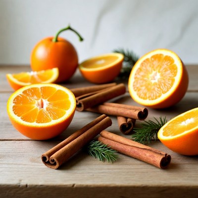 Oranges and cinnamon on wooden surface