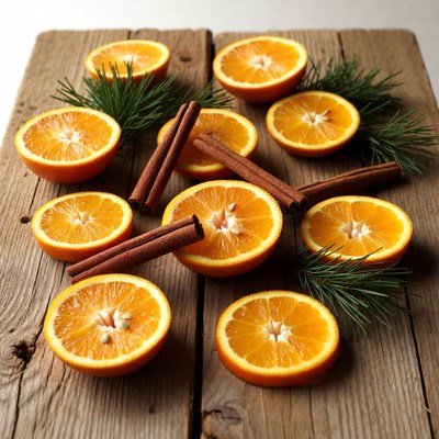 Oranges and cinnamon on wooden table