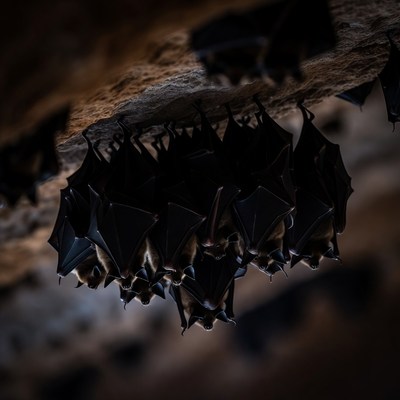 Bats hanging in cave at night