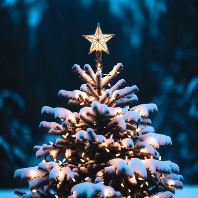 Snowy christmas tree with lights