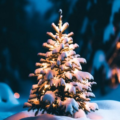 Snowy christmas tree in winter night