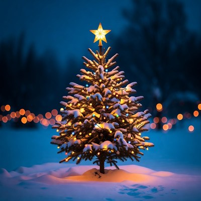 Christmas tree with lights and snow