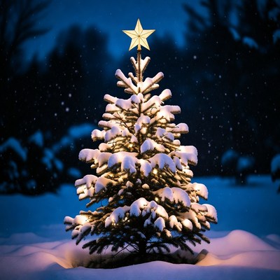 Snowy christmas tree with lights