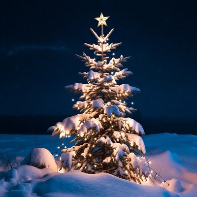 Christmas tree in snowy landscape at night