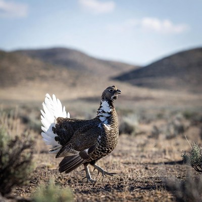 Bird walking in open field near mountains