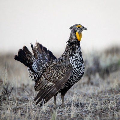 Bird displays feathers in dry grassland