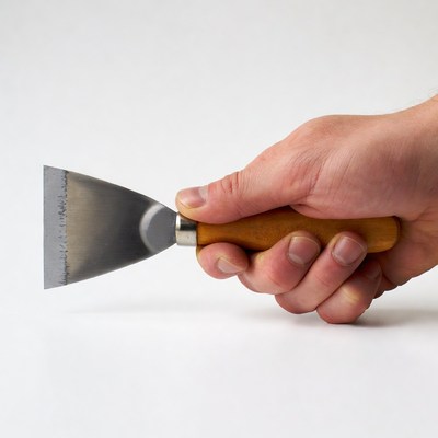 Hand holding a scraping tool with wooden handle