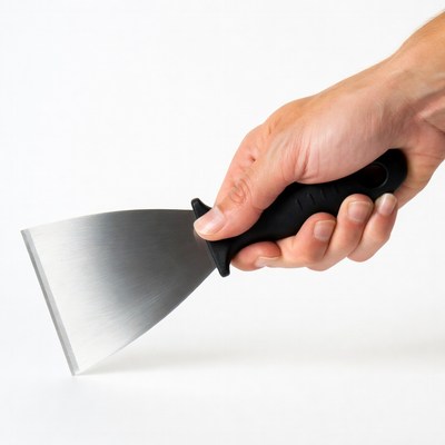 Hand holding a metal scraper tool