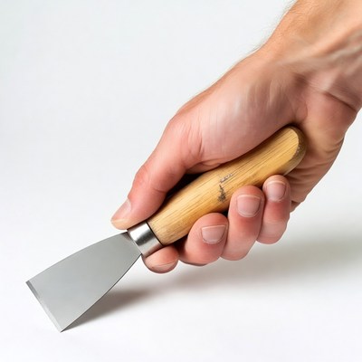 Hand holding a metal and wood tool for crafting